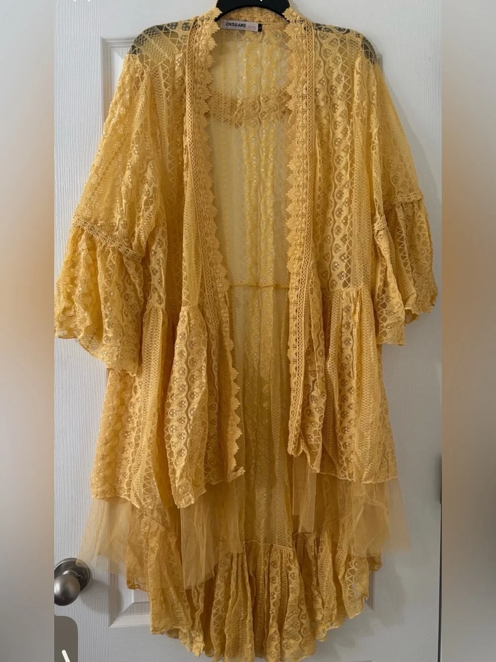 Origami Mustard Yellow Lace Boho Duster Kimono Cardigan NWOT - Picture 2 of 3